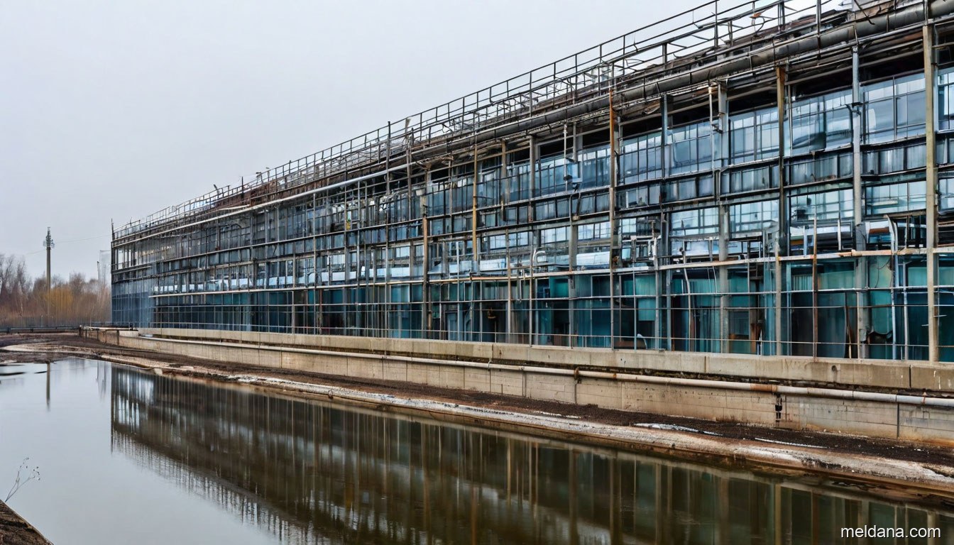 Здание скорых фильтров очистных сооружений водопровода под защитной сетчатой конструкцией